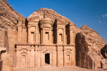Petra Monastery in Jordan, carved into red sandstone cliffs